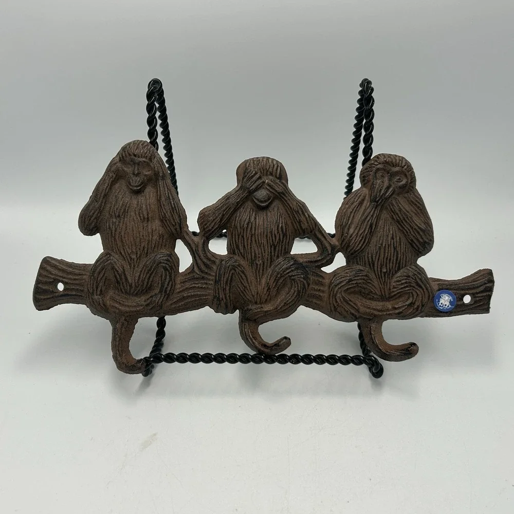 Cast Iron Monkey Hooks Wise Hear See Speak No Evil Coat Hat Key Wall Hanger